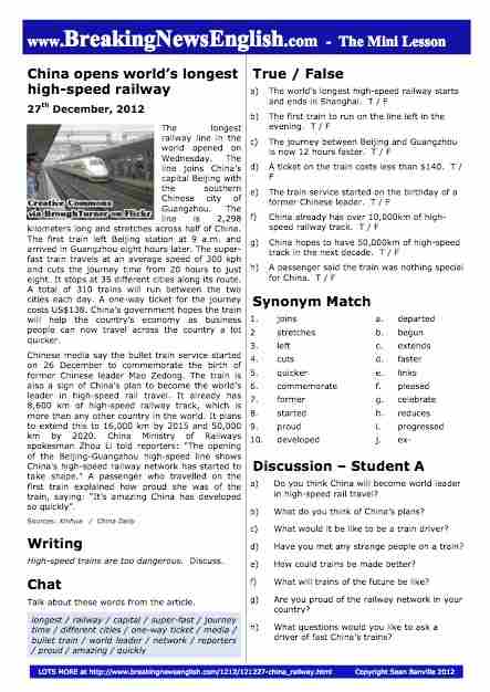 A 2-Page Mini-Lesson - China Bullet Train