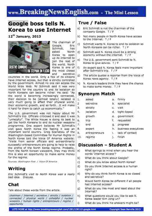 A 2-Page Mini-Lesson - North Korea Internet