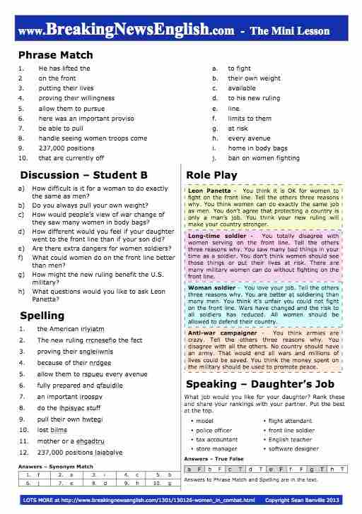 A 2-Page Mini-Lesson - Women In Combat