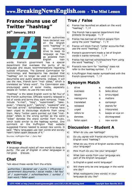 A 2-Page Mini-Lesson - France Hashtag Ban