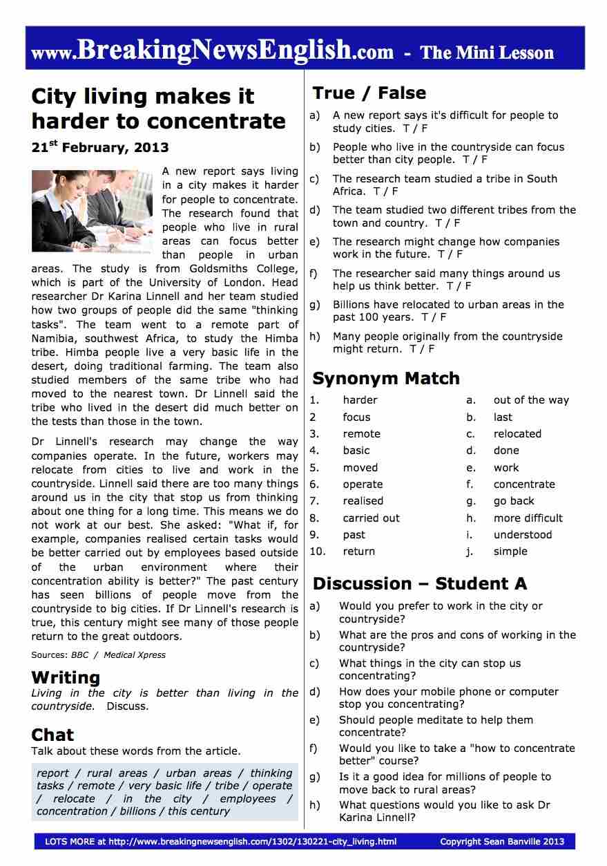 A 2-Page Mini-Lesson - City Living