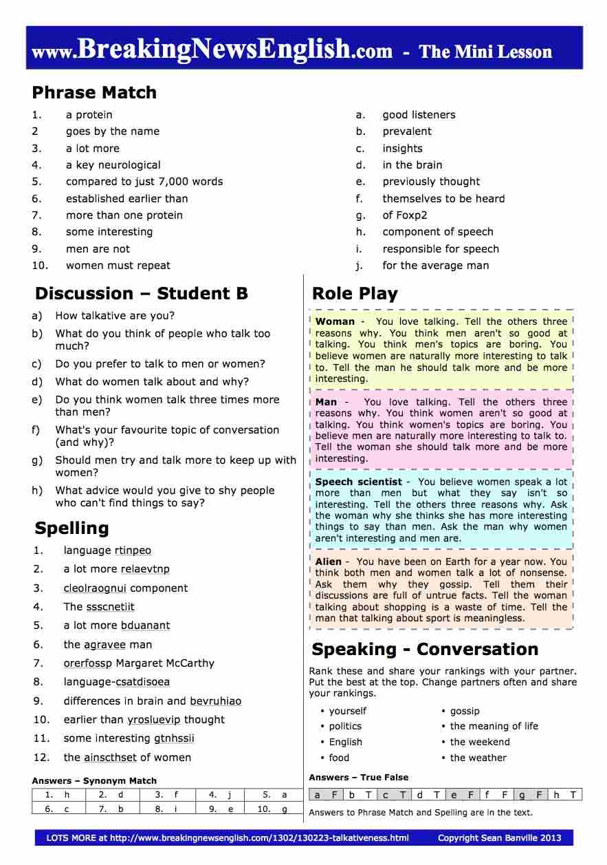 A 2-Page Mini-Lesson - Talkativeness