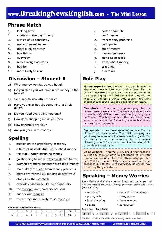 A 2-Page Mini-Lesson - Money Worries