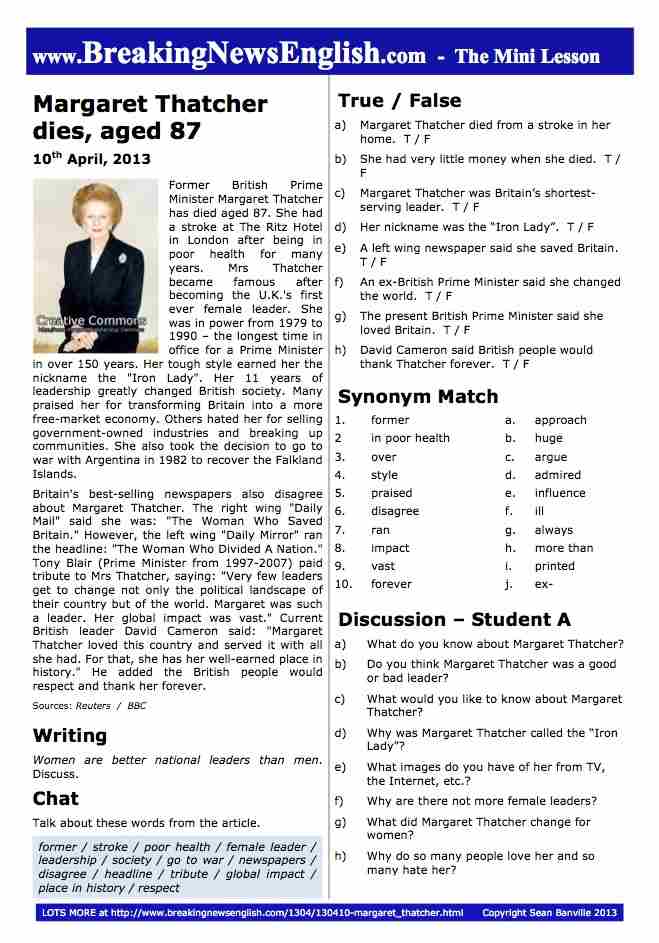 A 2-Page Mini-Lesson - Margaret Thatcher