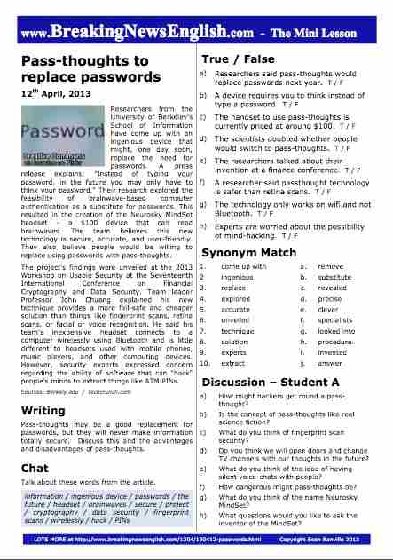 A 2-Page Mini-Lesson - Pass-thoughts to replace passwords