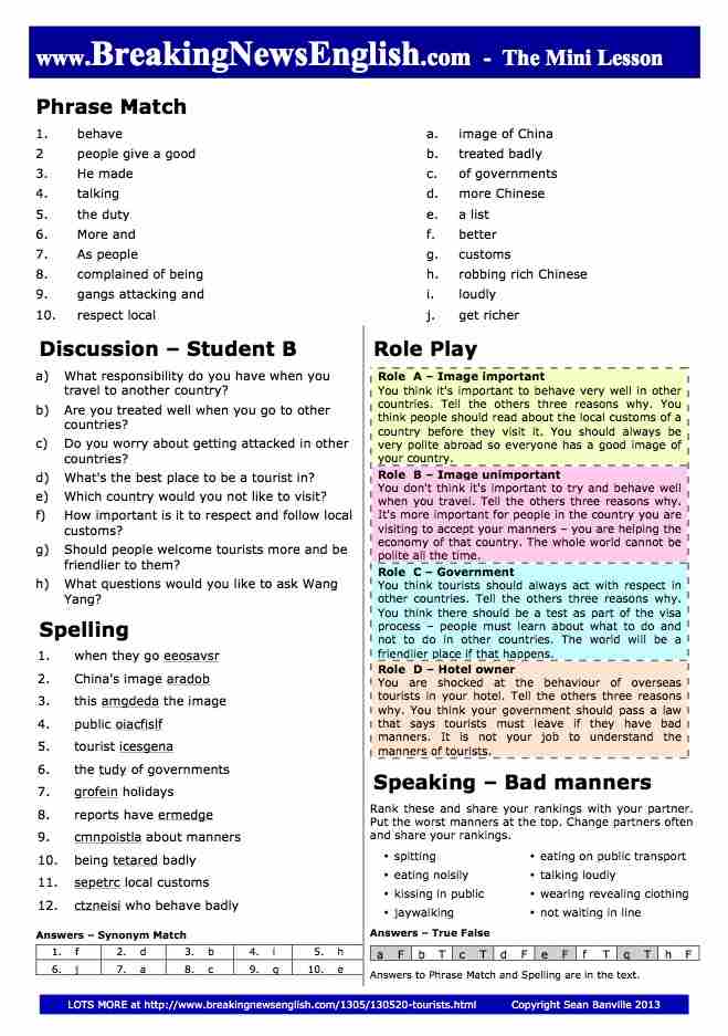 A 2-Page Mini-Lesson - Tourists