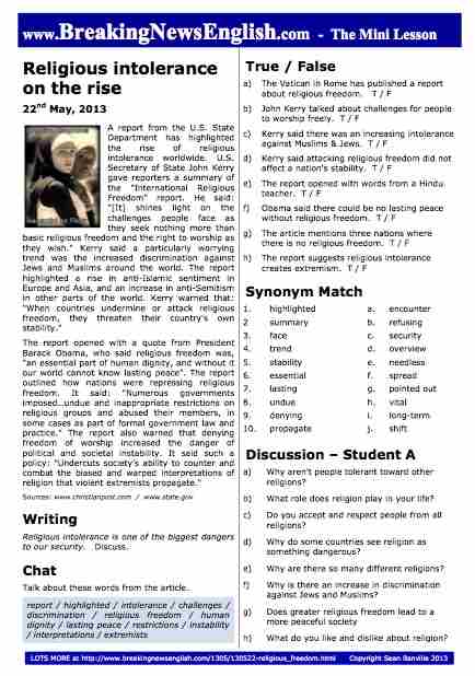 A 2-Page Mini-Lesson - Religious Freedom