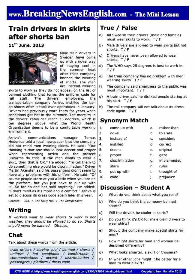 A 2-Page Mini-Lesson - Train Drivers