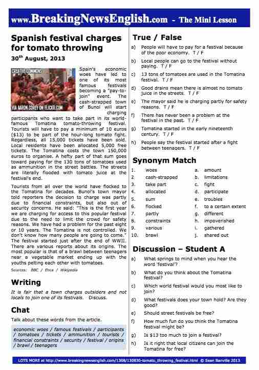 A 2-Page Mini-Lesson - Tomato-Throwing Festival