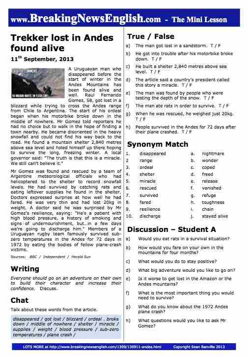 A 2-Page Mini-Lesson - Andes Survival