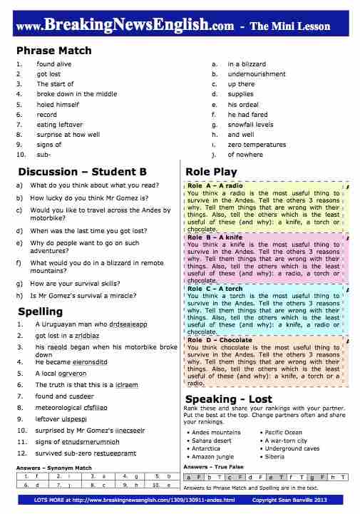 A 2-Page Mini-Lesson - Andes Survival