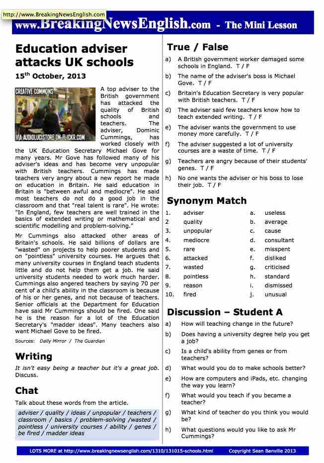 A 2-Page Mini-Lesson - Teachers and Schools