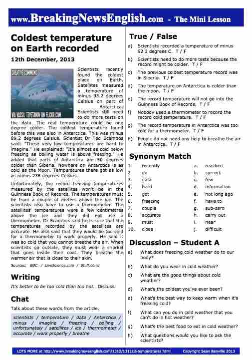 A 2-Page Mini-Lesson - Coldest Temperature