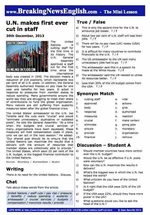 A 2-Page Mini-Lesson - U.N. Staff Cuts