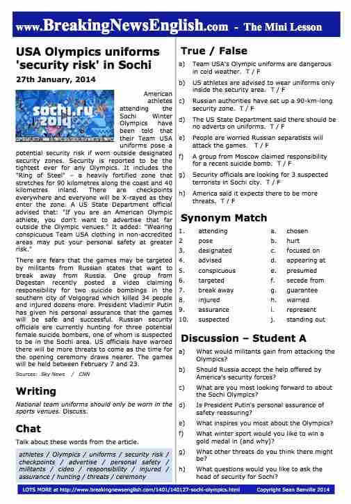 A 2-Page Mini-Lesson - Sochi Winter Olympics