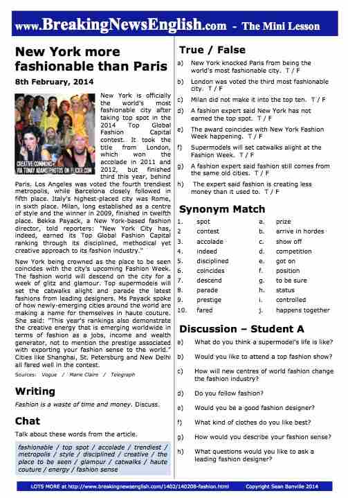 A 2-Page Mini-Lesson - Fashion World