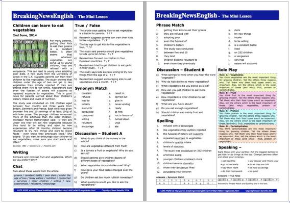 A 2-Page Mini-Lesson - Vegetables