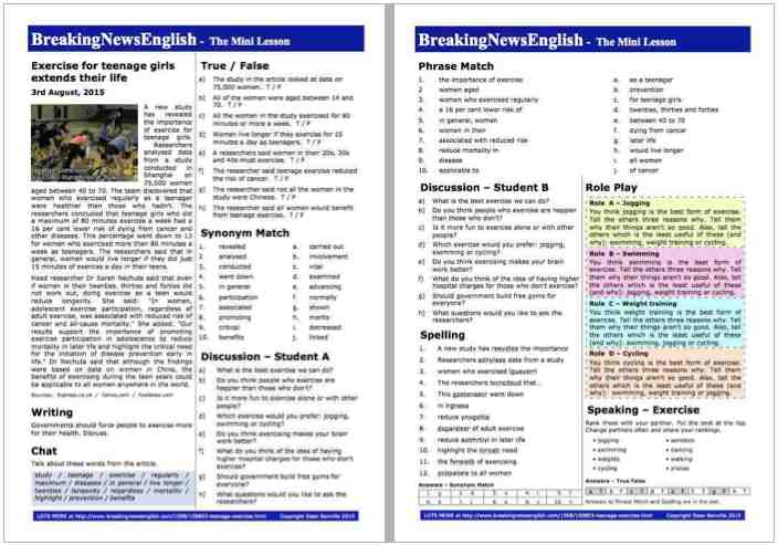 A 2-Page Mini-Lesson - Teenage Exercise